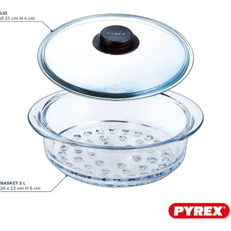 Pyrex Doppelter Dampfkorb 20 cm mit Deckel aus Borosilikatglas, geeignet zum Dampfgaren, 2 Dampfkörbe – Bild 4