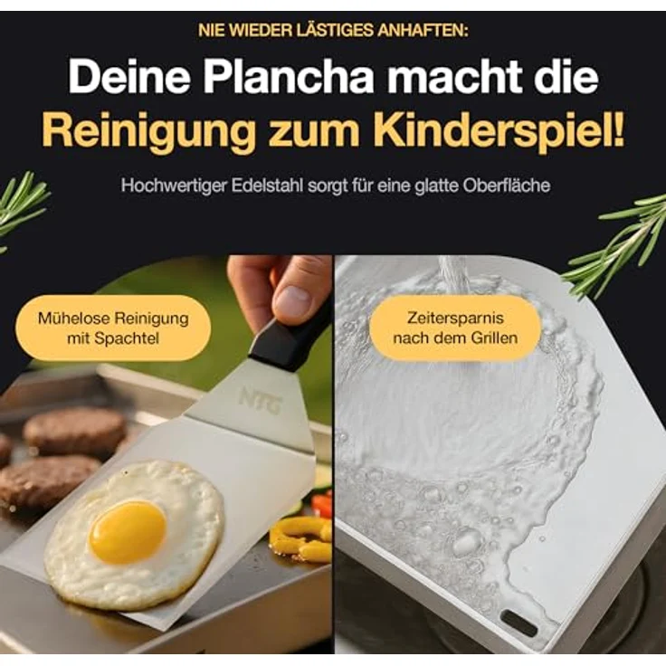 NTG Plancha Grillplatte Edelstahl 40×30 cm, rostfrei, 4 mm dick, inkl. Spachtel, für Gasgrill und Kohle – Bild 3