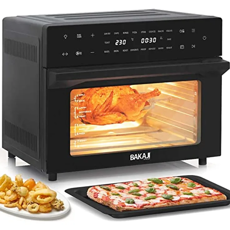 Bakaji Heißluftfritteuse, Fassungsvermögen: 30 l, 1800 W, Kühlschrankgrill, ohne Öl, Airfryer Display Touchscreen 18 Programme, Doppelkochfunktion, Timer-Einstellung, Doppelglas