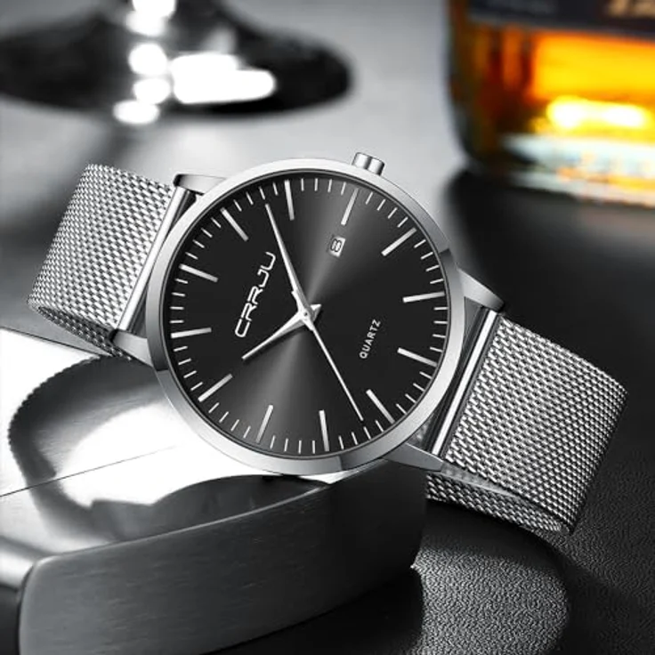 CRRJU Herren Uhr Ultra Dünne Wasserdicht Analog Quarz Armbanduhr mit Schwarz Edelstahlband, Silber/Schwarz – Bild 4