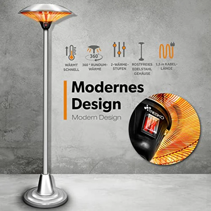 TRESKO Heizstrahler Infrarot Heizpilz, Wärmestrahler Terrasse elektrisch, 2500 W, Terrassenstrahler Innen & Außen, Standheizstrahler mit LED-Anzeige, Edelstahl/Silber – Bild 2