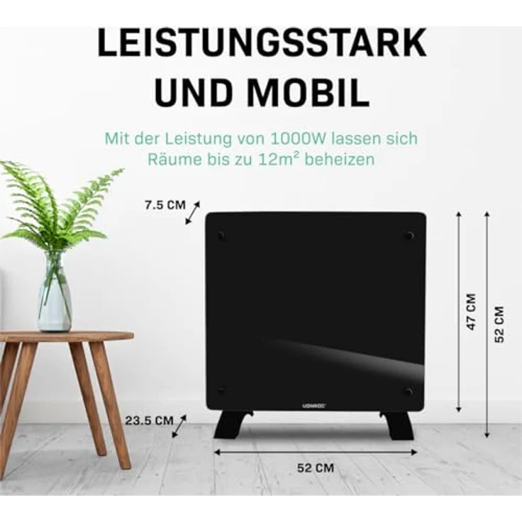 VONROC Elektroheizung, Konvektor-Heizung - Energiesparende elektrische Heizung bis 12m2 - Wand-/Bodenmontage - 2 Stufen 500W & 1000W, Manuelle/App Steuerung - Schwarz – Bild 5