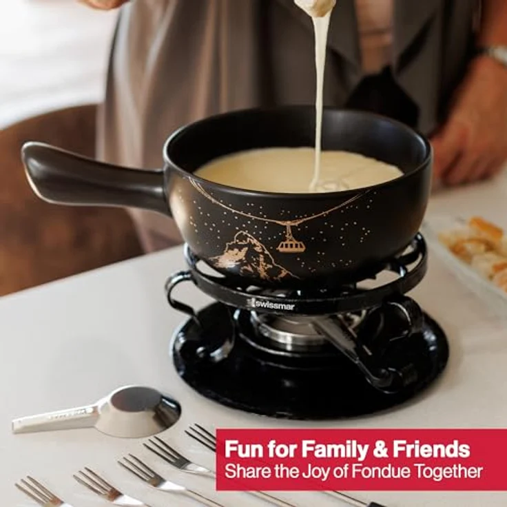 Swissmar F66901 Gruyère Fondue Set 9-teiliges, Keramik/Edelstahl, 2.65L, Fondue-Set für Fleisch, Käse und Schokolade, für 4 Personen, Geschenkset – Bild 7