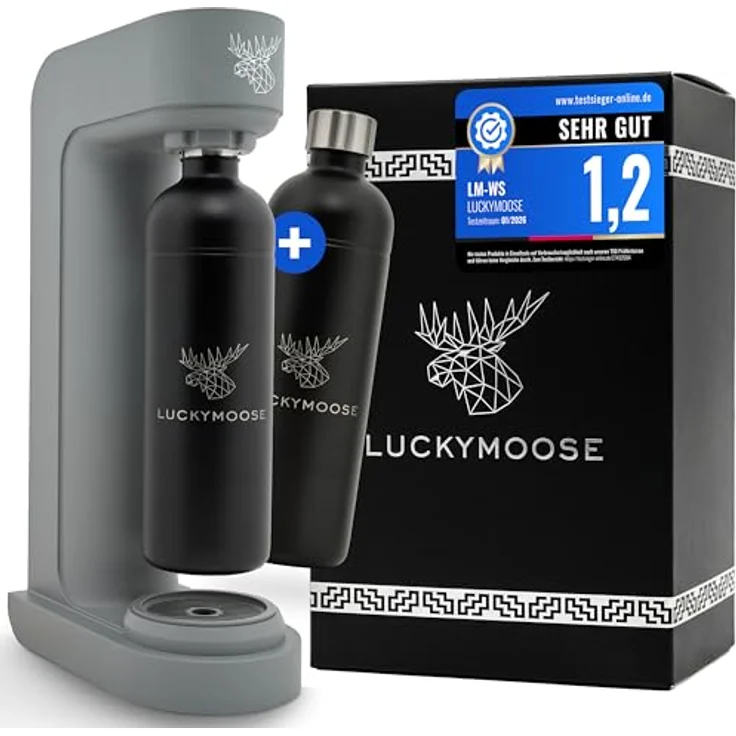 Luckymoose Infinity Wassersprudler, CO₂-sparende Sprudelwasser Maschine mit 2x 1,25L spülmaschinenfesten Edelstahlflaschen, stilvoll – Bild 1