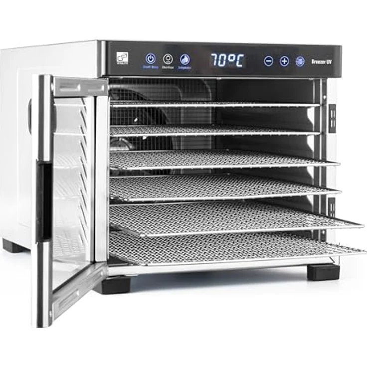 G21 Dörrautomat/Obsttrockner G21 Breezer mit UV-Funktion, Edelstahl, 650 W, Zeitschaltuhr, Digitale Temperatureinstellung: 35–75 °C, 6 Trockenplatten, 6 Feinsieben – Bild 4