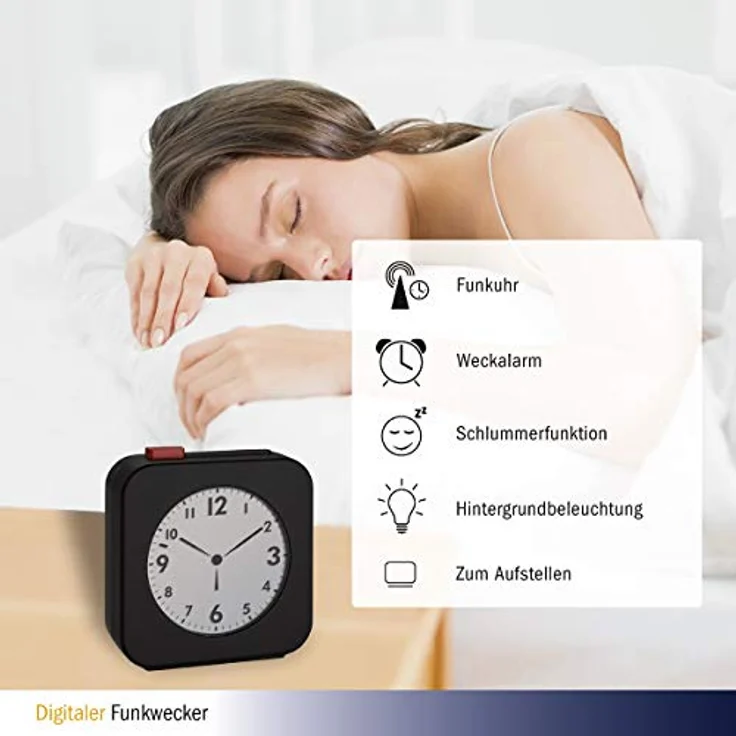 TFA Dostmann Funk-Wecker 60.2555.01, LCD Display mit analoger Zeitanzeige, schwarz/rot, ideal als Reisewecker mit Snooze-Funktion und Feststelltaste – Bild 2