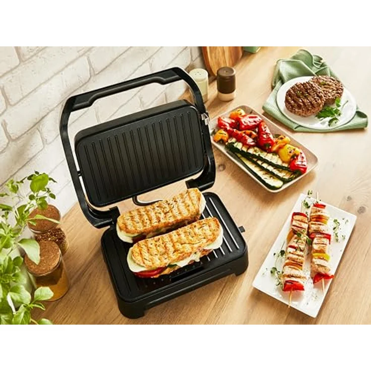 Tefal Inicio Compact 2-in-1 Kontakt- und Paninigrill, 1000 W, Edelstahlgehäuse, Saftauffangschale, antihaftbeschichtete Grillplatten, Edelstahl/Schwarz – Bild 4