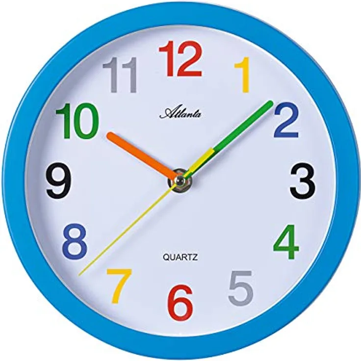 Atlanta Lernuhr 4352-5, Analog Wanduhr blau mit bunten Zahlen, geräuscharm und schleichende Sekunde, Durchmesser 21 cm
