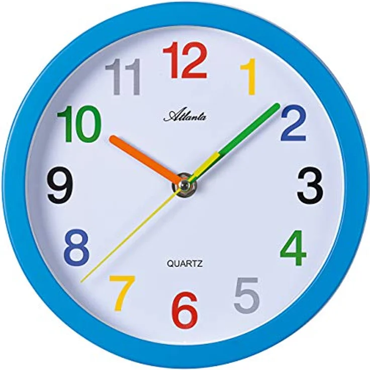 Atlanta Lernuhr 4352-5, Analog Wanduhr blau mit bunten Zahlen, geräuscharm und schleichende Sekunde, Durchmesser 21 cm