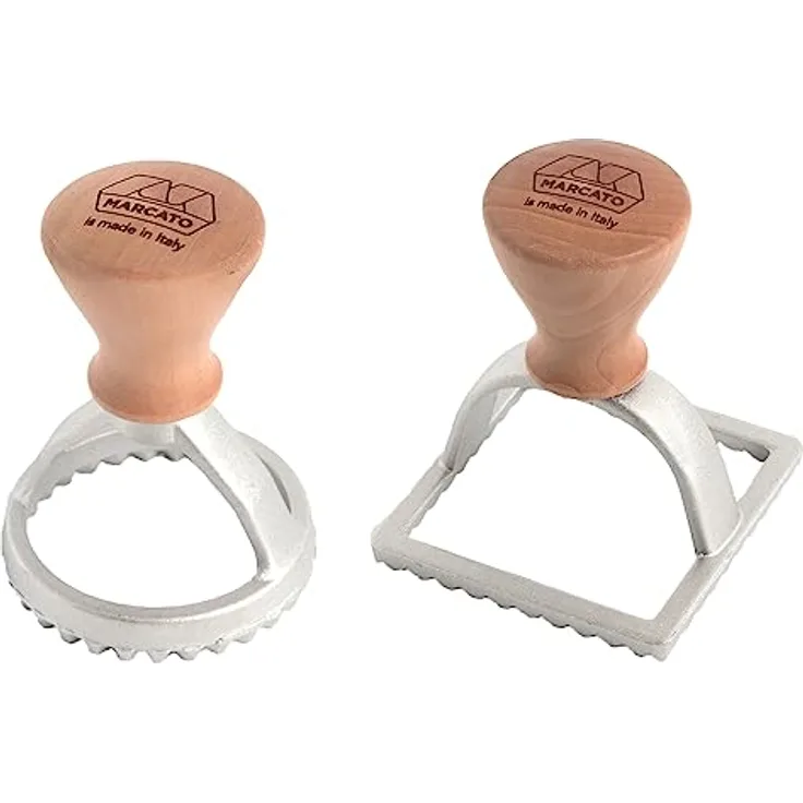 Marcato Ravioli and Cookie Cutter Kit, Ravioli Maker, Cookie Cutters, Solid Wood and Cast Aluminum, Made in Italy, 58 mm Round Stamp + 58 mm Square Stamp. Model: Raviolè