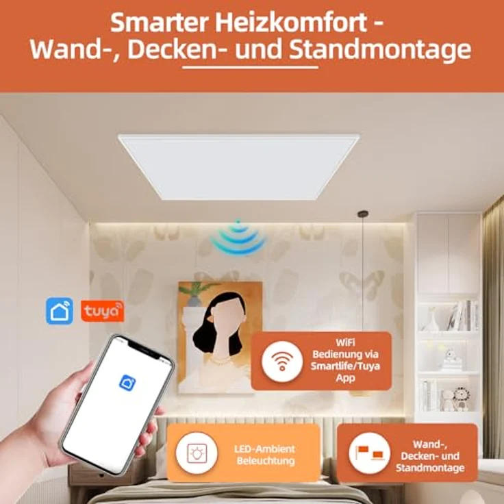 SHX Premium Infrarot Heizung mit WIFI 500W, 5-10 qm, Decken- oder Wandmontage, Standgerät, dimmbare Ambiente Beleuchtung, Fernbedienung, Fenstererkennung, LED Display, Carbon Crystal PET Oberfläche – Bild 4