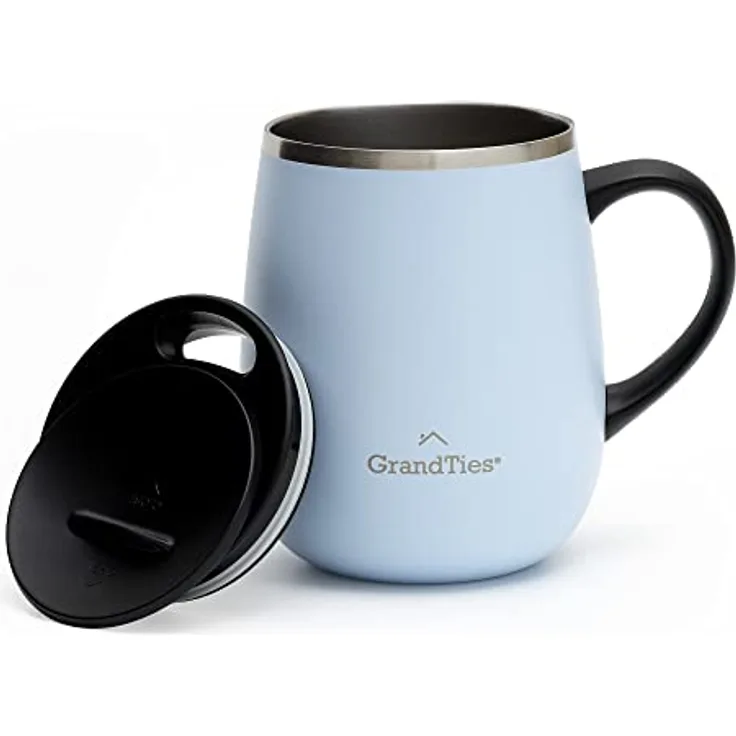 GRANDTIES Isolierter Kaffeebecher mit Griff – Schiebedeckel für spritzwassergeschützte 473 ml -Form Thermosbecher mit doppelwandigem Vakuum-Edelstahl, hält Getränke heiß & kalt – Glacier Lake