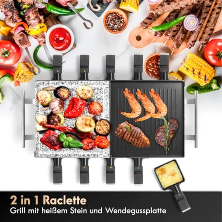ProfiCook PC-RG 1144 Raclette-Tischgrill mit Naturgrillstein und Wendegussplatte, 10 Pfännchen, 10 Holzspatel, 1700 W – Bild 7