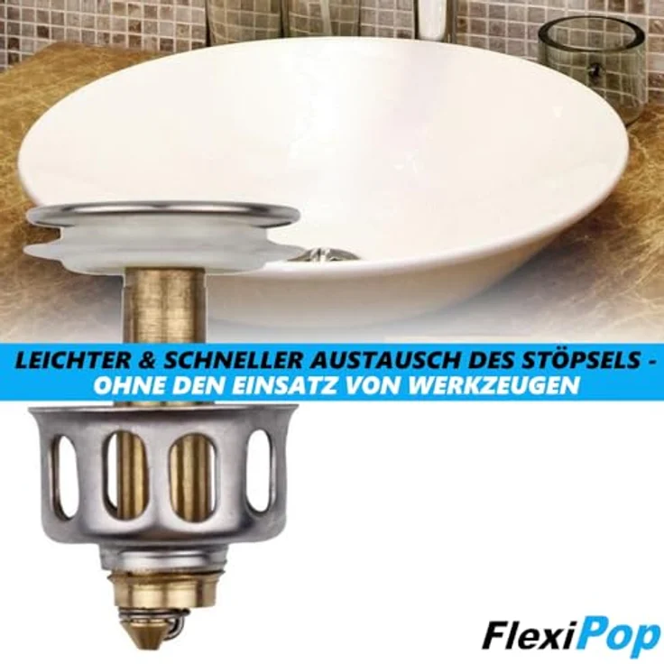 FlexiPop Abfluss Stopfen Abflussstopper Stöpsel Waschbecken, POP UP Stöpsel Ablaufgarnitur Filter Ablauf Garnitur Sieb 35mm – Bild 5
