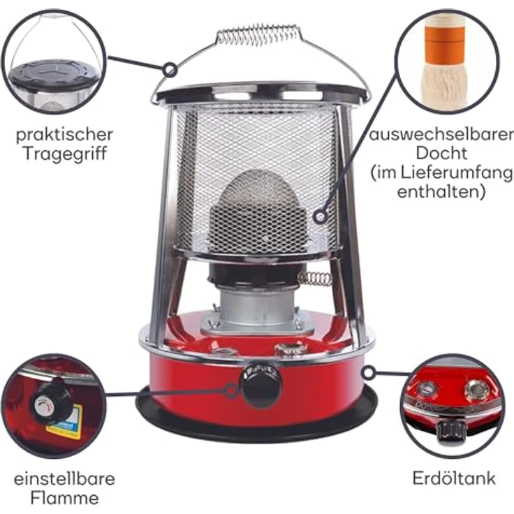 Perel Petroleumheizung für außen, mit Docht, 2600 W, 0,25l/h bis zu 18h, 4,6L Tank, für bis zu 18m² (TC84100N) – Bild 5