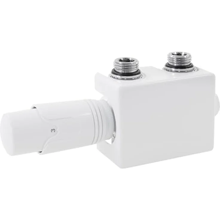 LuxeBath Ventil-Armaturen Set Multiblock Weiß, Universal Eck- und Durchgangsform mit Thermostatkopf für Badheizkörper, 50mm Mittelanschluss – Bild 1