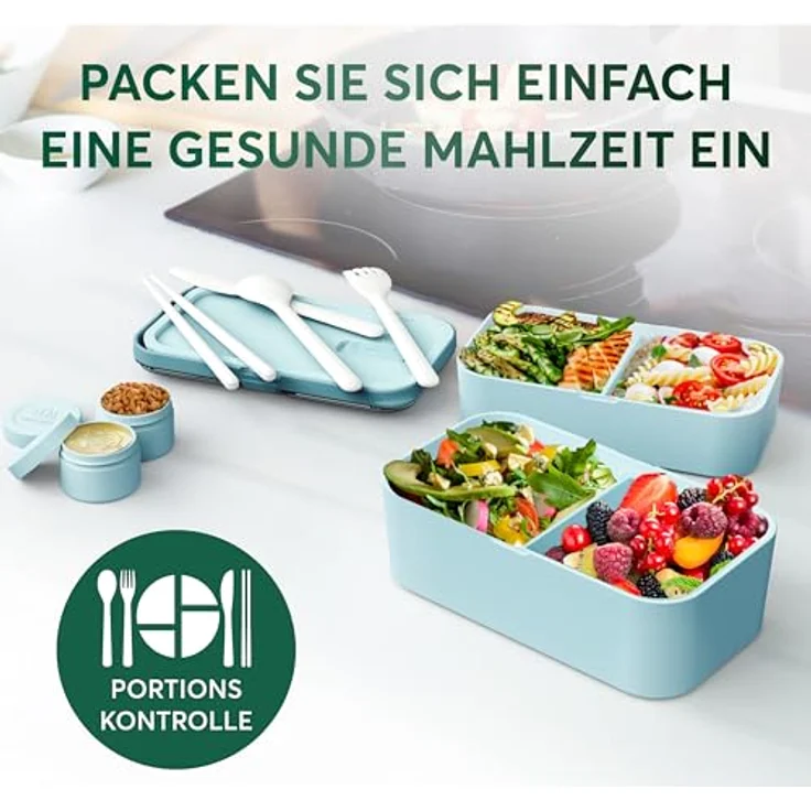 UMAMI Bento Lunchbox für Erwachsene mit Besteck, 2 Saucenbehältern, auslaufsicher, ideal für Salat und Snacks, 2 Etagen mit Fächern, leicht zu reinigen – Bild 2
