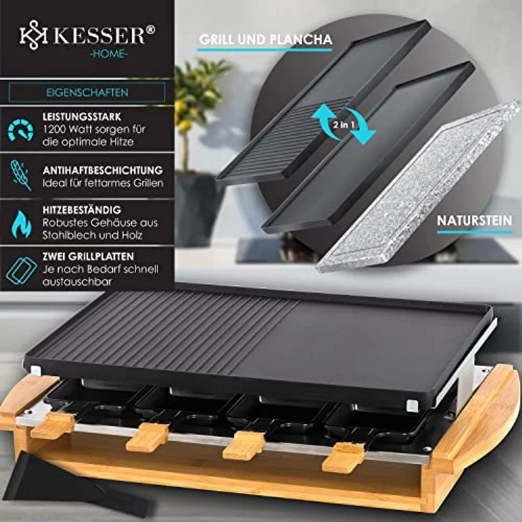 KESSER® Raclette-Grill mit Naturgrillstein, Grillplatte Tischgrill für 8 Personen, Elektrogrill Raclette Grill antihaftbeschichteter Grillplatte, 8 Pfannen und Holzspatel 1200W – Bild 2