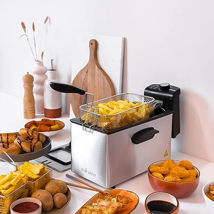 Tristar PRO FR-6947 Fritteuse, 2000 W, 3 L Fassungsvermögen, mit Öl, Drehregler, Edelstahl, Kunststoff, silber, schwarz – Bild 2