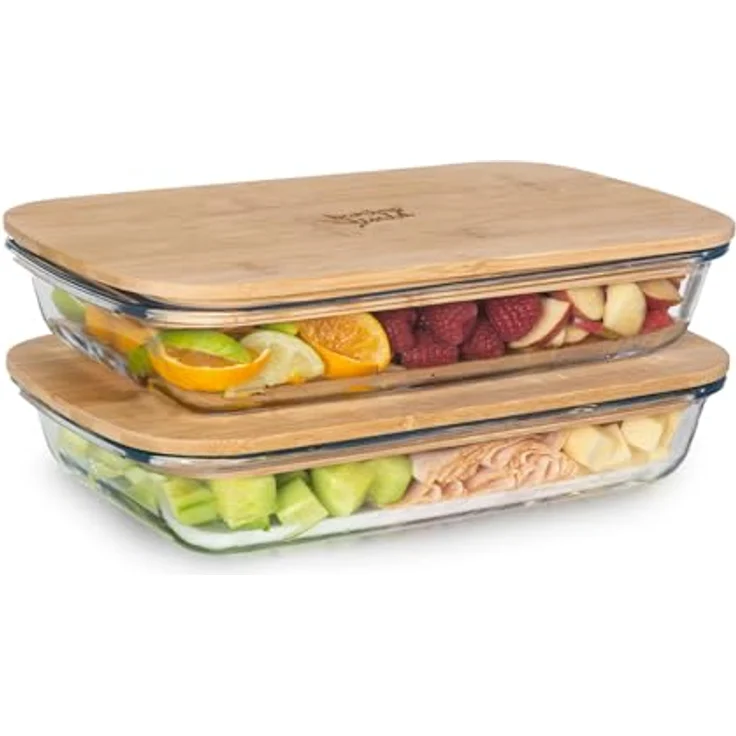 Aufschnittbox mit Deckel 1,6 Liter 2er Set Glas Bambus hitzebeständig Transparent – Bild 2