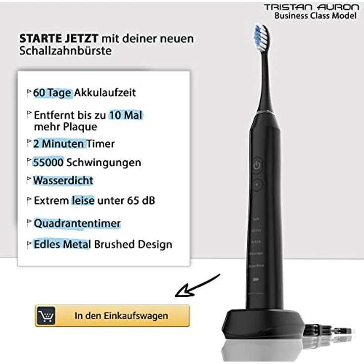 Tristan Auron Business Class Schallzahnbürste - 55.000 Schwingungen - 5 Modi - 60 Tage Akku + inkl. Etui mit UV Desinfektion + 6 Ersatzbürste und 2 Zungenreiniger - schwarz – Bild 3