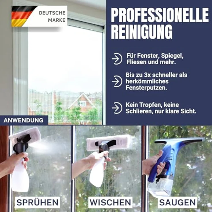 Sommertal Akku-Fenstersauger Set, 1600Pa Saugleistung, 25 Min Akkulaufzeit, inkl. Sprühflasche & Mikrofaserpad, streifenfreier Fensterputz – Bild 2
