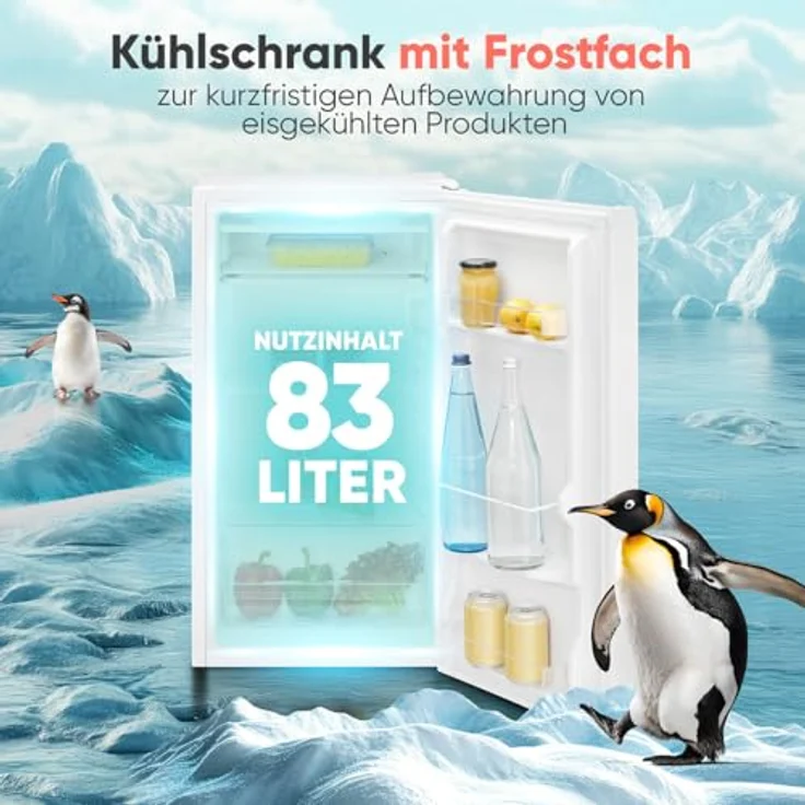 Bomann® KS 7257, kleiner Kühlschrank mit Gefrierfach, 83L, Temperaturbereich 0°C bis +8°C, 2 Glasablagen, 3 Türablagen, weiß – Bild 2
