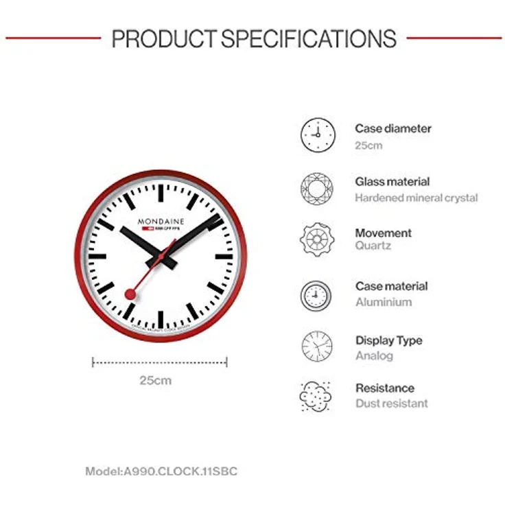 Mondaine Wanduhr A990.Clock.11SBC 25cm - Bahnhofsuhr in Rot aus Aluminium mit rotem Sekundenzeiger staubbeständig – Bild 3