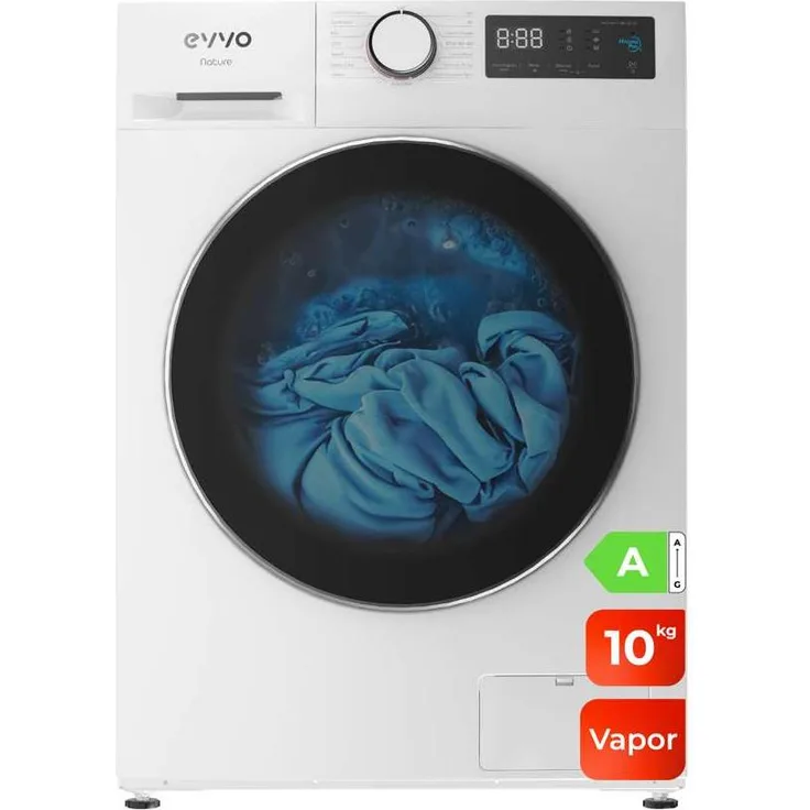 EVVO Nature 10 kg Frontlader Waschmaschine, Energieeffizienzklasse A, 72 dB, 1400 RPM, Weiß, Dampf-Funktion, Selbstreinigungsprogramm