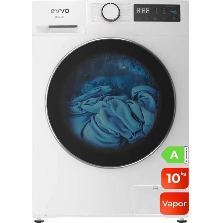 EVVO Nature 10 kg Frontlader Waschmaschine, Energieeffizienzklasse A, 72 dB, 1400 RPM, Weiß, Dampf-Funktion, Selbstreinigungsprogramm