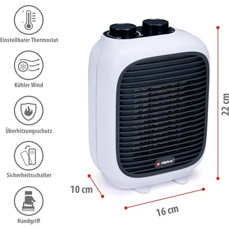 alpina Elektrischer Mini Heizlüfter PTC1601, 1500W für Räume von 10-15 m², inklusive Griff, Überhitzungsschutz, Weiß – Bild 2