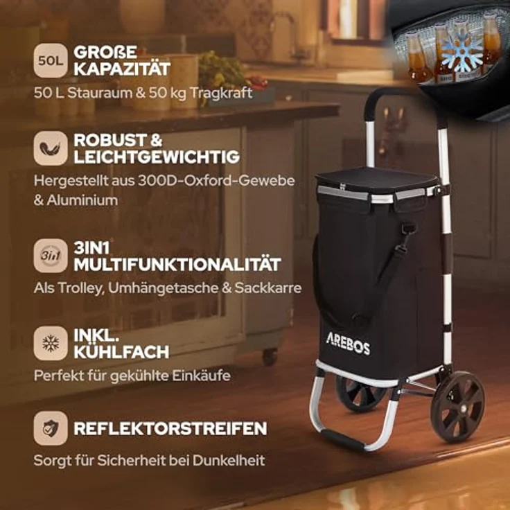 Arebos 3in1 Einkaufstrolley | Trolley groß 56 Liter | Einkaufswagen mit Kühlfach | Einkaufstasche mit Rollen | Schwarz – Bild 2