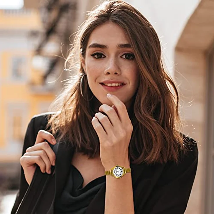 JewelryWe Uhren Damen Elastisch Edelstahl, klassische Quarz Armbanduhr mit goldfarbenem Stretch-Armband und großen arabischen Zahlen Zifferblatt – Bild 3