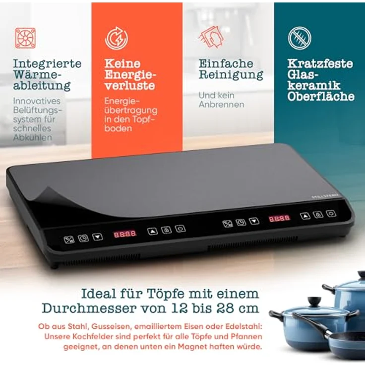 Stillstern Doppel-Induktionskochplatte ChefKoch Xtreme Duo 3600W, 24h Timer, Lautlos-Funktion, Glaskeramik – Bild 7