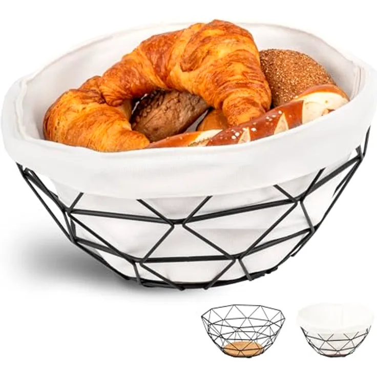 eluno Obstkorb - Brotkorb, moderne Obstschale aus schwarzem Metall & Bambus mit abnehmbarem waschbarem Bezug - 30 cm Ø, für Obst, Gemüse, Brot, Snacks