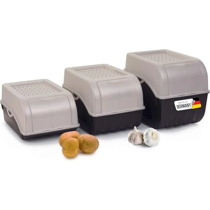 Novaliv Kartoffel Aufbewahrungsboxen Set, stapelbare Gemüseboxen in PERLMUT Weiss, 3,5L + 5L + 9L, für ideale Kartoffel- und Zwiebelaufbewahrung – Bild 1