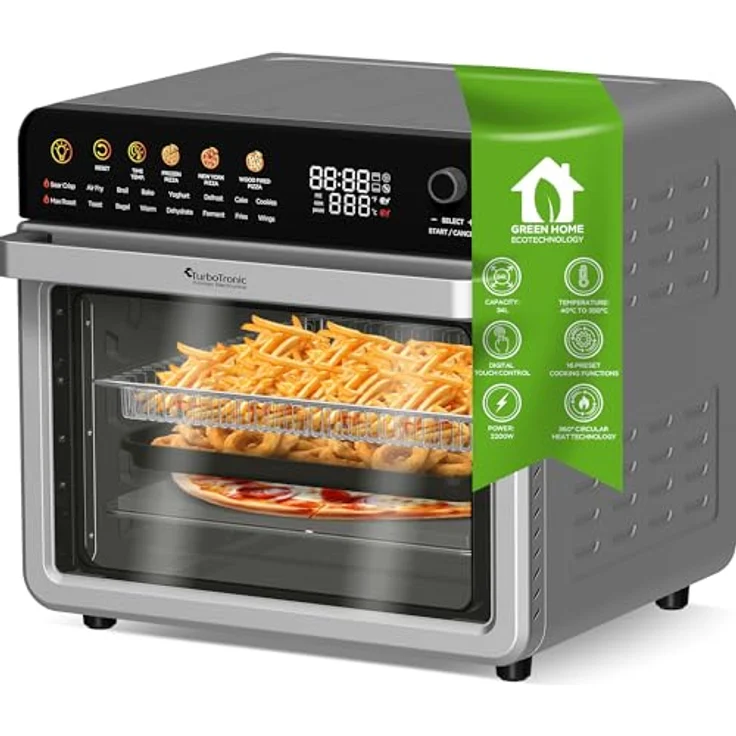 TurboTronic Multi-Smart-Ofen - 16in1 Heißluftofen & Dörrautomat 2200W Power 34L bis 6kg Pommes Backofen mit Dörrfunktion 40-350°C Drehspieß Grill Airfryer kleine Tisch Pizzaofen, Edelstahl – Bild 1