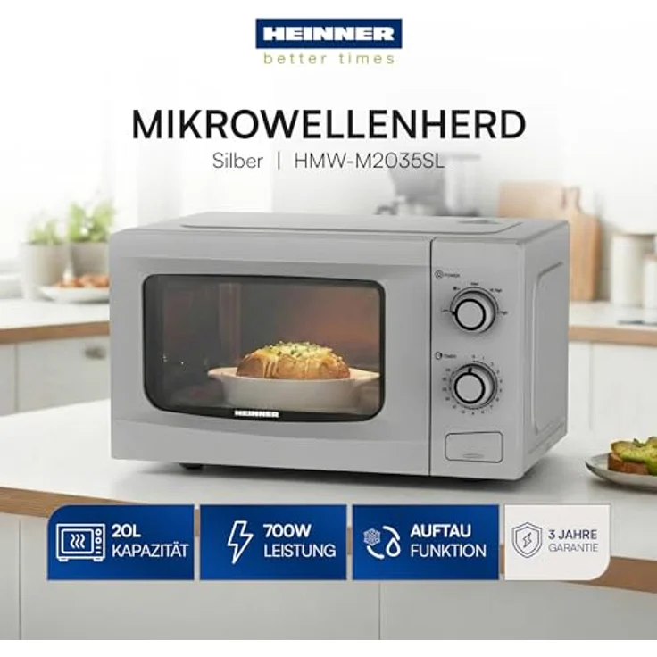 Heinner HMW-M2035SL Freistehende Mikrowelle 20 L, 700 W, Mechanische Steuerung mit Timer, Silber – Bild 3