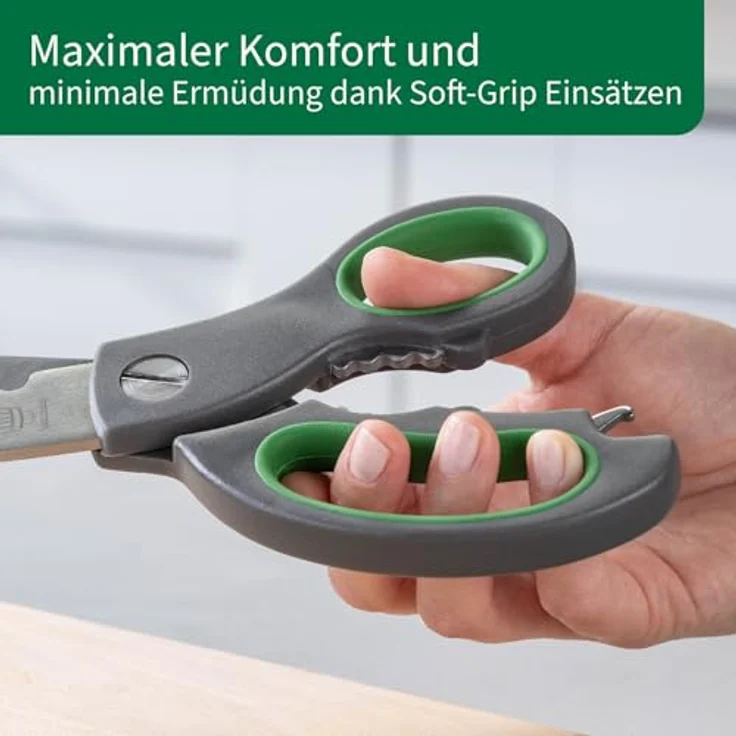 FACKELMANN Küchenschere – Robuste Multifunktionsschere mit Edelstahlklingen und ergonomischem Soft-Grip Griff, silber und grün – Bild 4