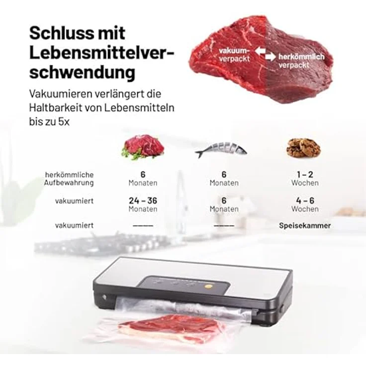 Lauben Vacuum Sealer 60SB Vakuumiergerät Profi für Sous Vide, Folienschneider, Folienrollenspeicher für trockene und feuchte Lebensmittel, inkl. Vakuum Schlauch, Vakuumier Beutel, 3 m Folienrolle – Bild 2