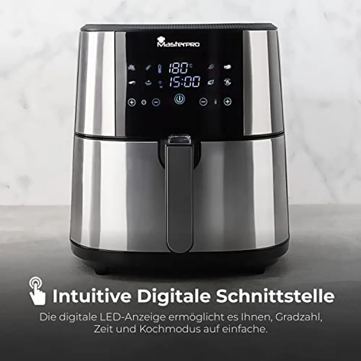 MasterPro Foodies Fritteuse-Set ohne Öl XXL 6 l und 1800 W zusammen mit Ölspray, LED-Touchscreen und Antihaft-Korb Luftfritteuse 8 verschiedene Funktionen in 1, BGKIT-0039, Grau – Bild 4