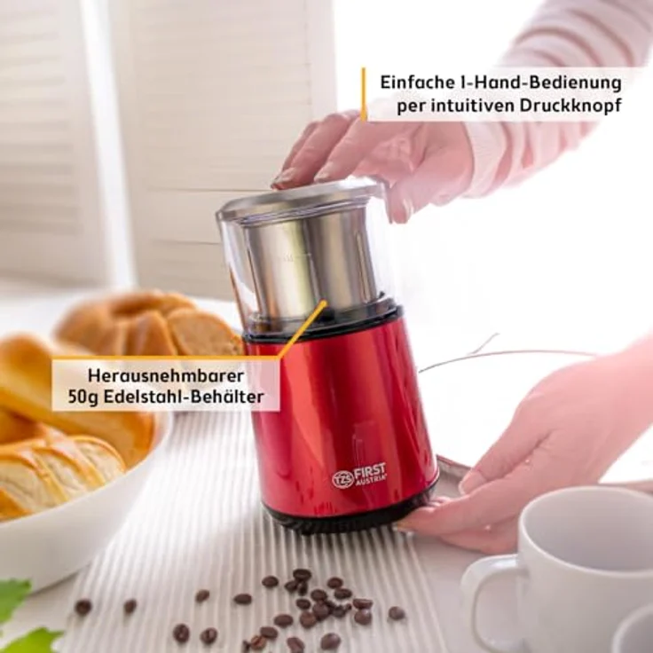 TZS First Austria Kaffeemühle elektrisch, 200W, 27.000 U/min, 4 Edelstahlklingen, abnehmbarer 50g Behälter, Einhandbedienung, leise, kompakt, leicht zu reinigen, mit Kabelaufwicklung – Bild 3