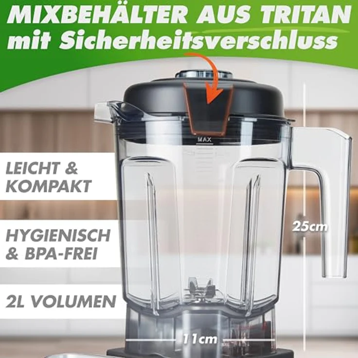Nutrilovers NUTRI-BLENDER MAX+ Hochleistungsmixer 2000W mit 2L BPA-freiem Tritanbehälter, 9 Geschwindigkeitsstufen, Digital-Timer und Rezeptbuch für Smoothies – Bild 3