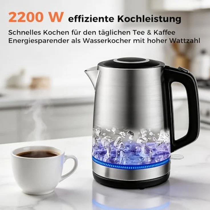 YASHE Wasserkocher Edelstahl 1,7L, 2200W, kabellos mit 360° Basis und Kalkfilter – Bild 2