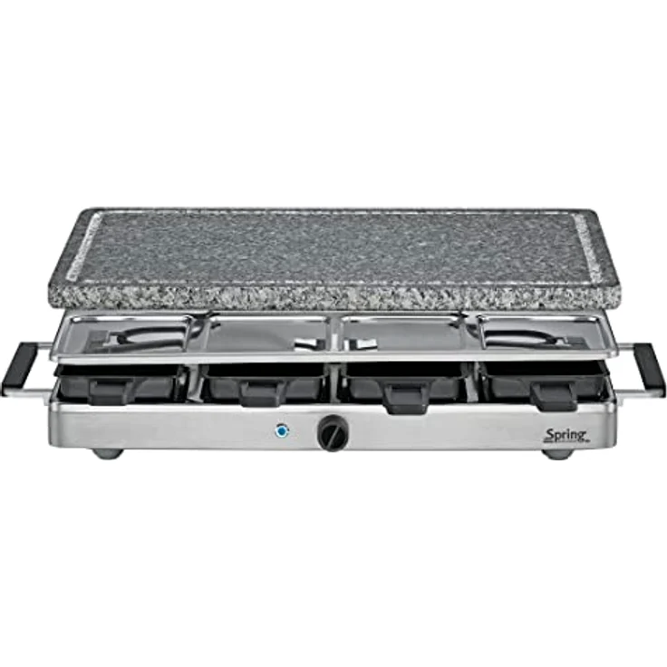 Spring CLASSIC Raclette 8 Personen, Granit-Grillplatte, Heißer Stein mit Saftrille, 8 Raclette Pfännchen, 8 Raclette Schaber, mit Abstellebene, 48 × 27 × 14,5 cm, 1200W, Raclette Grill – Bild 1