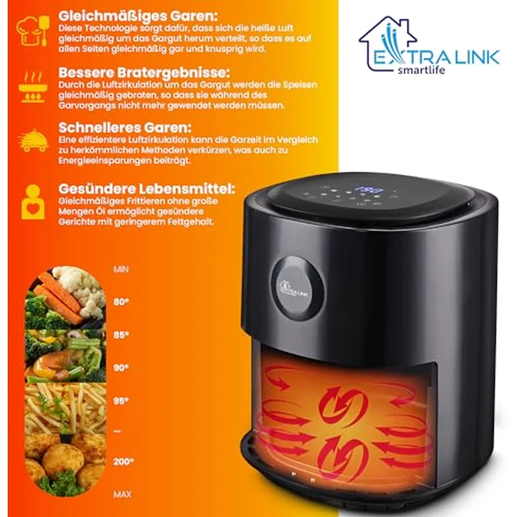 EXTRALINK 1300W Airfryer 4L - Heißluftfritteuse mit 8 Kochfunktionen, LED-Touchscreen - 90% Weniger Fett, Weiß – Bild 4
