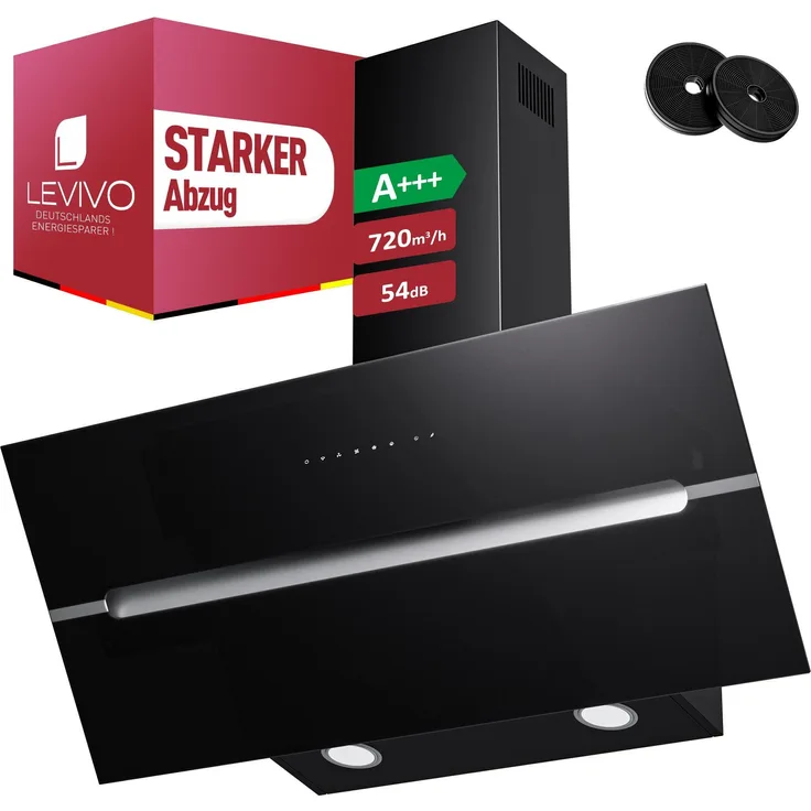 LEVIVO A+++ Kopffreie Dunstabzugshaube 90 cm, 720 m³/h Luftleistung, Umluft & Abluft, 2 Aktivkohlefilter, 1 Fettfilter, 3 Stufen, Touchscreen, LED-Beleuchtung