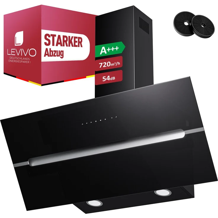LEVIVO A+++ Kopffreie Dunstabzugshaube 90 cm, 720 m³/h Luftleistung, Umluft & Abluft, 2 Aktivkohlefilter, 1 Fettfilter, 3 Stufen, Touchscreen, LED-Beleuchtung