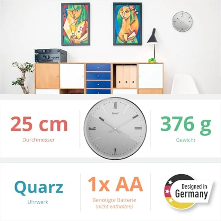 Mebus Wanduhr TinyTime, leise Quarz-Wanduhr mit römischen Ziffern, 25 cm Durchmesser, graues Zifferblatt, anthrazitfarbenes Gehäuse – Bild 4