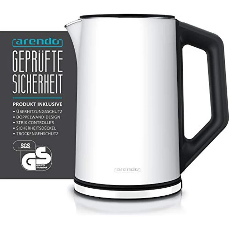Arendo Edelstahl Wasserkocher mit Temperatureinstellung 40-100 Grad in 5er Schritten - Doppelwand Design - Modell ELEGANT - 1,5 Liter - 2200 W - Teekocher mit Temperaturanzeige - GS - weiß matt – Bild 2